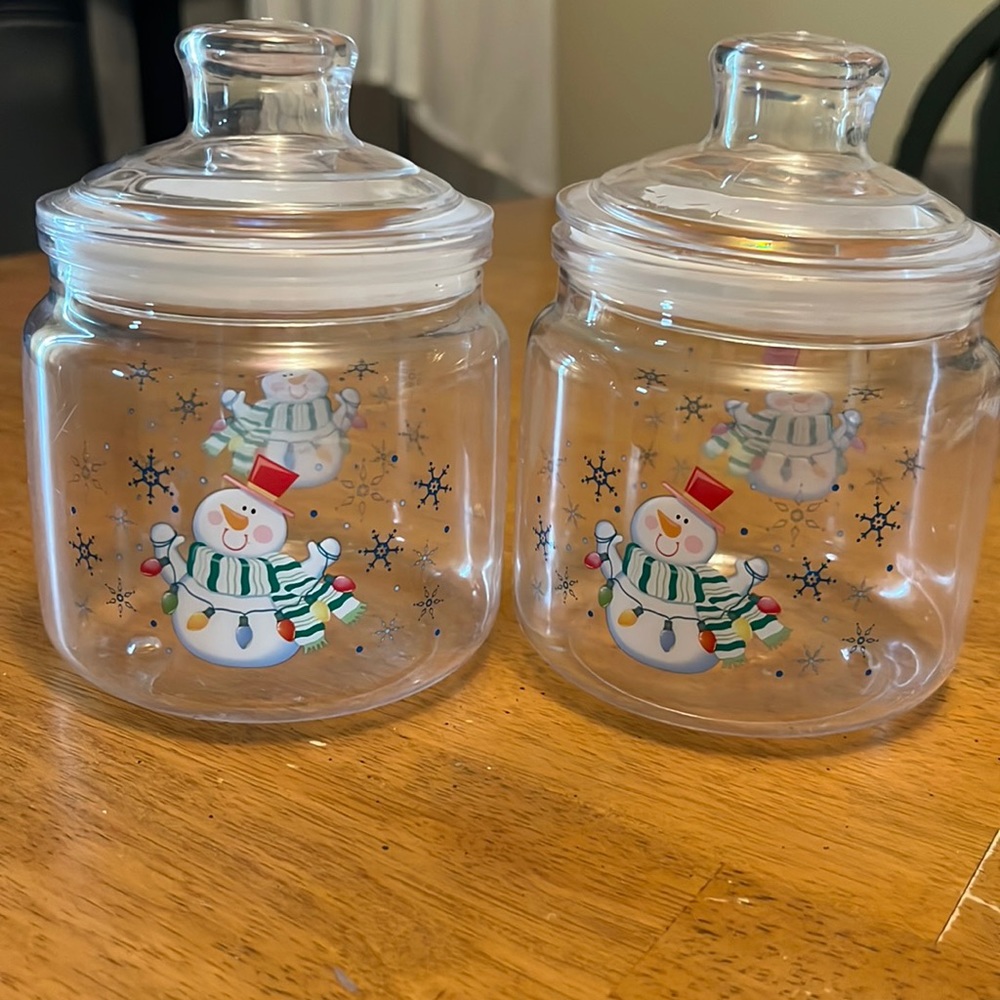 Cute Snowman Plastic Jars with Removable Lids Clear Set of 2